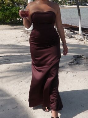 David's Bridal Strapless Satin Gown in Burgundy